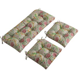 ADLIVWYD 3-Pieces Wicker Chair Cushion Set, 1 loveseat and 2 U-Shape, 44"x19" &19"x19" Tufted Outdoor Cushions for Indoor/Outdoor Bench Patio Furniture, (Khaki Bird Floral)