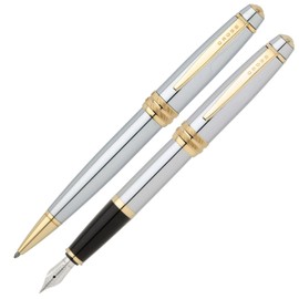 Cross AT0457-6MS Bailey Ballpoint Pen and Fountain Pen Gift Set (23 Carat Galvanised Gold Coating, Ink Colour Black, Indelible) Medalist