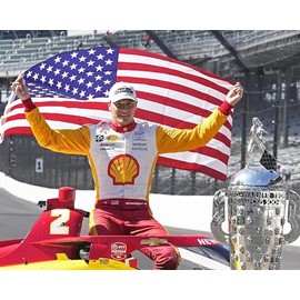SPORTSPHOTOSUSA Josef Newgarden 2023 Indy 500 Winner W/Flag Trophy Auto Racing 8x10 Photo