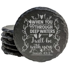 Faith and Hope: Laser Etched Floral "When You Pass Through Waters" Coasters in Gray Slate - Round Slate - set of 5