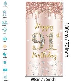 91st Birthday Decoration Women, Happy 91st Birthday Door Banner Rose Gold Fabric Sign Poster Door Decoration, 91st Birthday Background Banner Ladies, Birthday Party Welcome Sign