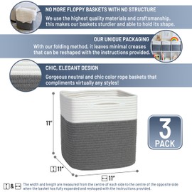 NaturalCozy Storage Cubes 11 Inch Cotton Rope Woven Baskets for Organizing, 3-Pack | Cube Storage Bin | Square Storage Baskets for Shelves Organizer, Classroom, Kids Toy Bins, Closet, Baby Nursery