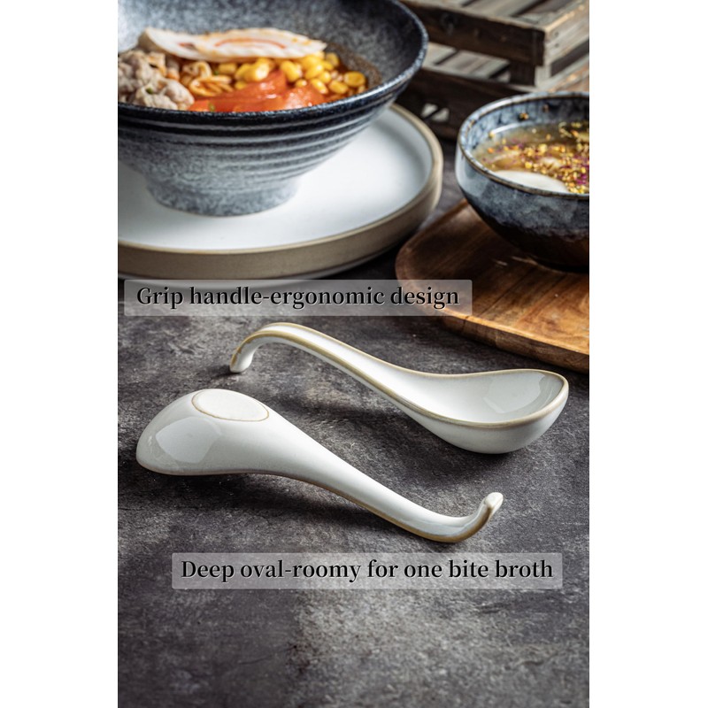 LYEOBOH Asian Soup Spoons, 6.5 inch Ceramic Soup Spoon Set