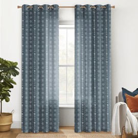 Blue Curtains 96 Inches Long,Sheer Boho Pattern Stripe Farm House Curtains 2 Panels for Living Room Bedroom,Navy and White