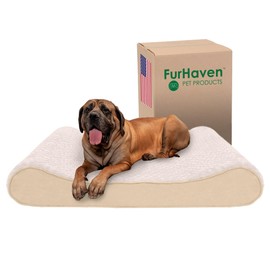 Furhaven Cooling Gel Dog Bed for Large Dogs w/ Removable Washable Cover, For Dogs Up to 150 lbs - Ultra Plush Faux Fur & Suede Luxe Lounger Contour Mattress - Cream, Jumbo Plus/XXL