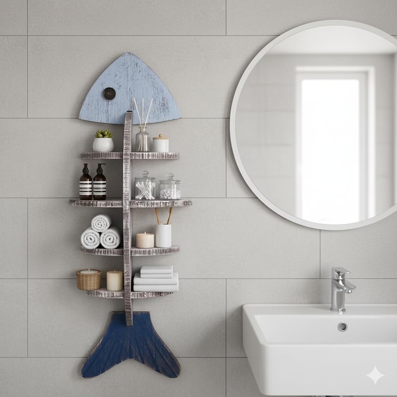 Nautical Fish Bone Wall Shelf, Wooden Coastal Wall Decor with
