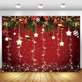 Qian Christmas Background 7x5ft Red Christmas Backdrop Sparkling Stars Christmas Backdrop New Year Eve Party Xmas Holiday Decorations Photography Banner