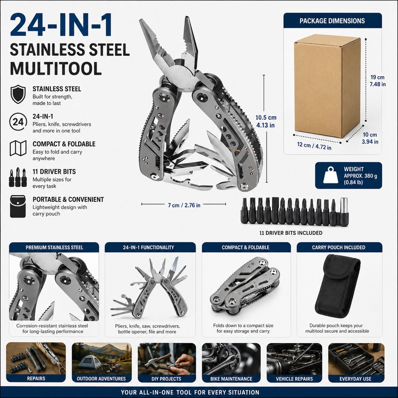 24-in-1 Multitool for Camping & Everyday Repairs – Folding Pliers
