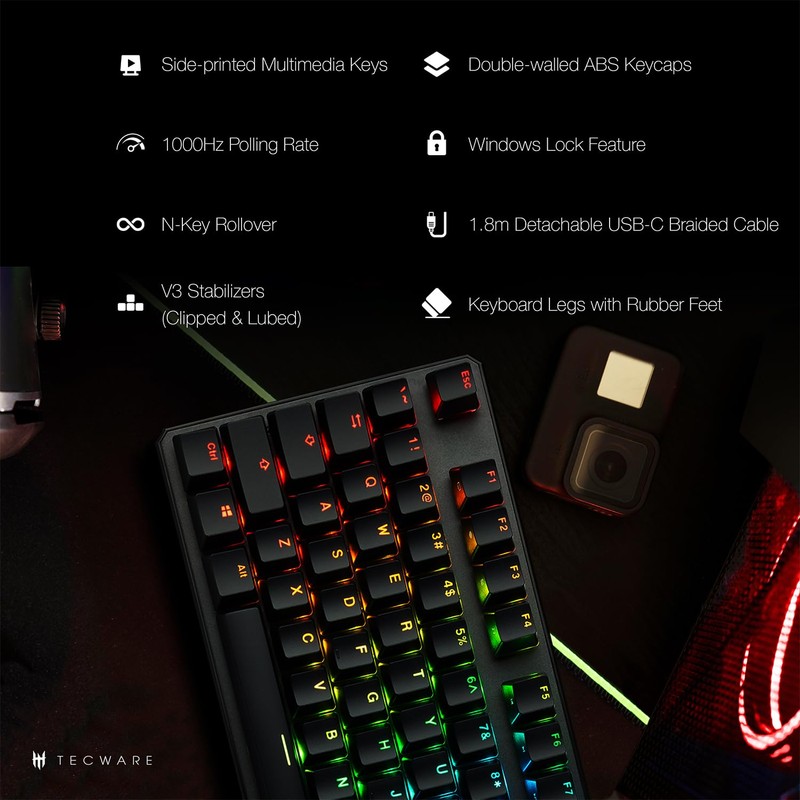 TECWARE Phantom+ 87 Key Mechanical Gaming Keyboard, RGB led, TKL