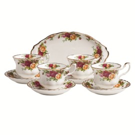 Royal Albert Old Country Roses 9-Piece Tea Set & Tray, Mostly White with Multicolored Floral Print