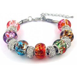 Savlano Silver Tone Snake Chain Charm Bracelet Crystal and Murano Glass Beads with 2 inch Extension for Women Comes with Gift Box