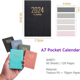 LuckyMoon Mini 2024 Daily Planner, PU Texture 120 Pages Appointment Diary Planner and Organiser from Jan 2024 to Dec 2024, A7 Size Pocket Calendar Notebook with Sticky Index Tabs Flags (Black)
