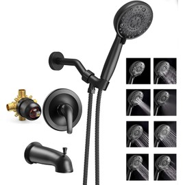 EMBATHER Shower Faucet Set with Tub Spout, 2 in 1 Bathtub Faucet Set with 8 Modes Shower Head, Single-Handle Tub Faucet Set, Shower Valve and Trim Kit, Matte Black