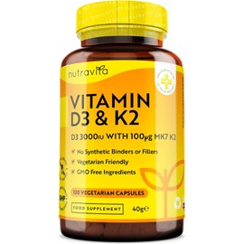 Vitamin D3 3000iu & K2 100ug (MK7) – 120 Vitamin D3 K2 Vegetarian Capsules – Supports Normal Bones, Muscles, Teeth and Immune System – Cholecalciferol & Menaquinone-7 – Made by Nutravita