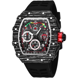 FANMIS Mens Luxury Tonneau Square Watches Analog Punk Chronograph Unique Sports Wrist Watch Japanese Movement Luminous Design with Rubber Band (X Black Black)