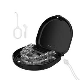 Retainer Case, Slim Aligner Cases for Invisalign, Mouthguard Case with Removal Tools& Aligners Chewies& Brush, Cases with Ventilation Holes and Silicone Wrist Strap for Portable Travel (Black)