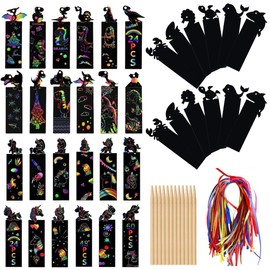 CPJJ Pack of 36 Scratch Pictures for Children - Creative Design with 30 Drawing Films, 12 Bamboo Pens and 36 Colourful Rope Party Bags Children's Birthday Scratch Pictures Scratch Pictures for