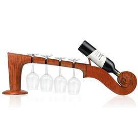 YWYLL Violin-Inspired Solid Wood Wine Rack - Holds 1 Bottle & 4 Glasses, No-Assembly Tabletop Countertop Decor for Kitchen, Bar, or Gift, Handcrafted by Master Artisans