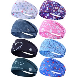 WILLBOND 8 Pieces Nursing Headbands with Buttons for Nurses Doctors Women Face Covering Ear Protection Holder Non Slip Elastic Hair Bands Wide Head Wraps for Spa Yoga Sports Workout (Cute Patterns)