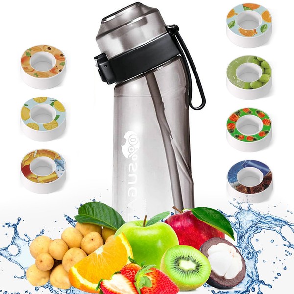 Air Water Bottle with Flavour Pods, 650ml Starter Up Set BPA Free Drinking Bottles with 7 Fruit Flavour Pods Scented 0 Sugar Calorie, Water Cup with Straw for Gym School Outdoor, Black