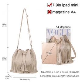 Gladdon Leather Bucket Bags for Women Crossbody Purses with Drawstring Ladies Tassel Hobo Shoulder Handbags White