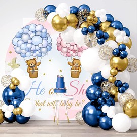 OERJU Bear Gender Reveal Round Backdrop Cover He or She Boy or Girl Gender Reveal Backdrop Pink or Blue Hot Air Balloons Baby Shower Newborn Party Decoration Supplies Photo Booth Background 7.2x7.2ft