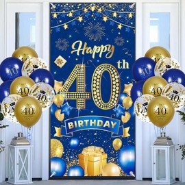 Rumia 40th Birthday Decoration Navy Blue Gold Banner with Balloons, 40th Birthday Decoration for 40 Years Men Women 40th Birthday Door Banner Latex Confetti Birthday Decoration (RUMIA988)