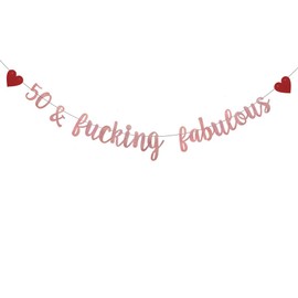 WEIANDBO 50 & Fucking Fabulous Banner,Rose Gold Glitter Paper Garlands,Pre-Strung,50TH Birthday Party/Wedding Anniversary Party Decorations Bunting Sign Backdrops,Rose Gold