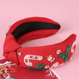 Gmmidea Christmas Jeweled Headbands for Women Girls Festive Christmas Hair Accessories Beaded Candy Cane Xmas Knotted Headband Embellished Wide Top Knot Hairband Holiday Gifts