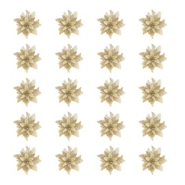 20 Pcs Christmas Decorations Flowers Artificial Gold Poinsettia Christmas Tree Ornaments Glittery for Xmas New Year Wedding Party Wreath DIY Garland Deco