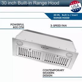 Joeaonz 600CFM Built-in Range Hood 30in Insert Kitchen Vent 3-Speed Fan Stainless Steel