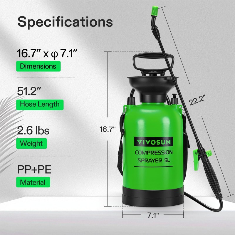 VIVOSUN 1.35-Gallon Pump Sprayer, Pressurized Lawn & Garden Sprayer with