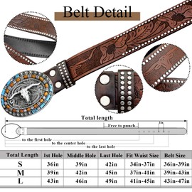 Yjfeshion Mens Western Leather Buckle Belt Studded Leather, Skull Bull Head Engraved Dark Brown Cowboy Concho Belts With Long Horn Bull Buckles, 1-1/2 Inch Wide M