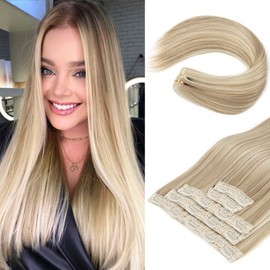 REECHO Clip in Hair Extensions, Hair Extensions Thick Long Lace Weft Lightweight Synthetic Hairpieces for Women (24 Inch-240 Gram(Pack of 5), Ash Brown with Blonde Highlights)