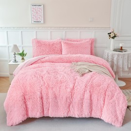 PERFEMET 3 Pieces Plush Pink Comforter Sets Full Size Soft Long Faux Fur Shaggy Girls Bedding Set Warm Velvet Fluffy Fuzzy Bed Set for Kids Teens(Pink, Full)