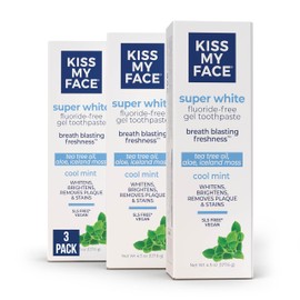 Kiss My Face Super White Toothpaste Gel, Cool Mint Flavor, Removes Plaque and Stains, Teeth Whitening Toothpaste, Fluoride Free, Vegan, 4.5 oz, 3 Pack