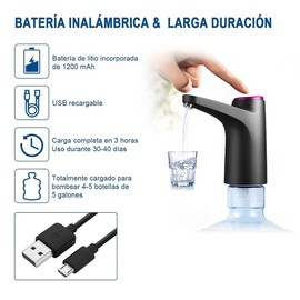 Autbye Bomba Dispensadora De Agua Eléctrica Y Recargable,dispensador De Agua Portátil,con Carga Eléctrica USB E Interruptor De Apagado Automático(Negro)