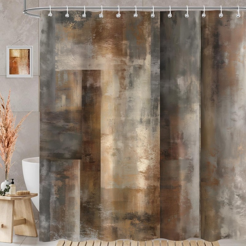 JAZEAOI Brown Grey Shower Curtain, Tan Beige Abstract Bathroom Decor
