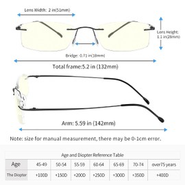 TOVEEN Titanium Rimless Reading Glasses Blue Light UV Blocking, Ultralight Frameless Spring Hinge Readers with Case for Men Wowen 1 Pair Silver +2.0