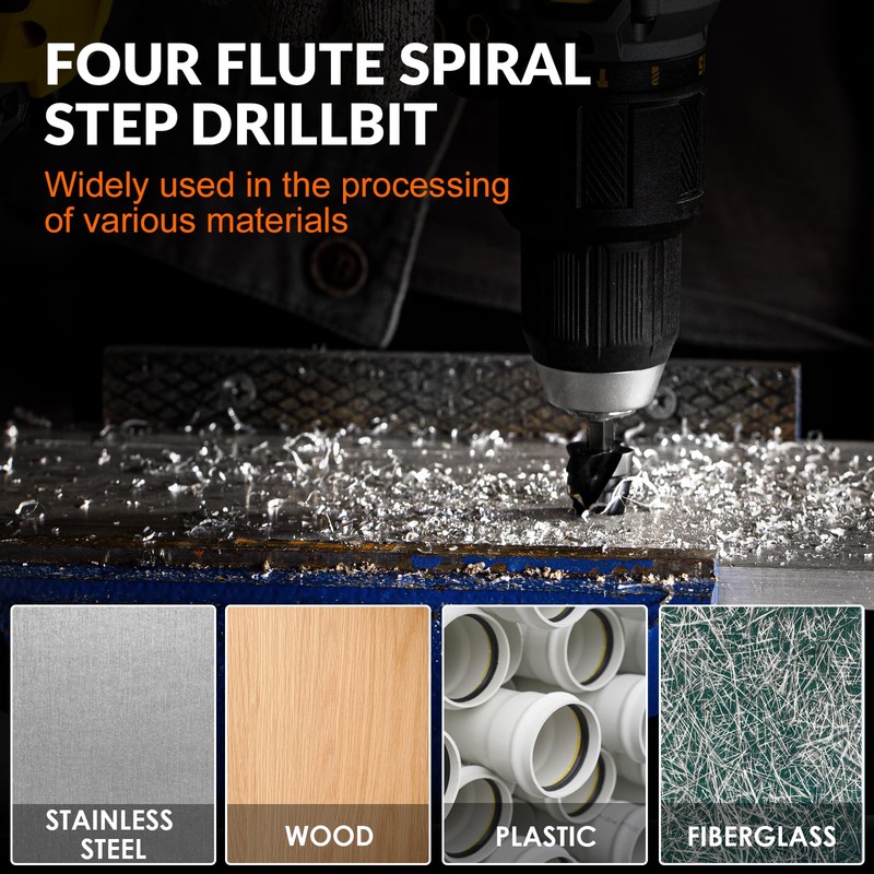 THINKWORK Four Spiral Flute Step Drill Bit Set, 3 Pcs