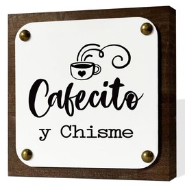 Cafecito Y Chisme Sign, Spanish Coffee Sign, Wooden Box Signs Decors Art, Coffee Table Art, Spanish Home Kitchen Decoration for Coffees Lovers, Coffees Station Decors