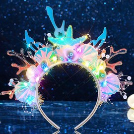 JAKAWIN Light Up Mermaid Headband LED Starfish Hair Band Seashell Glowing Costume Hair Accessories for Women