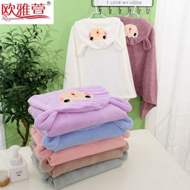 Kids Beach Poncho Children's Hooded Bath Towel Cape, Coral Fleece Absorbent Bathrobe, Cute Cartoon Bundle Dark Green Antler + 70*140 4ea