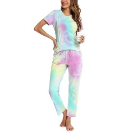 EISHOPEER Women's Pajama Set Printed Short Sleeve Top & Long Pants Sleepwear Pjs Sets, Tie Dye Mix a, Small