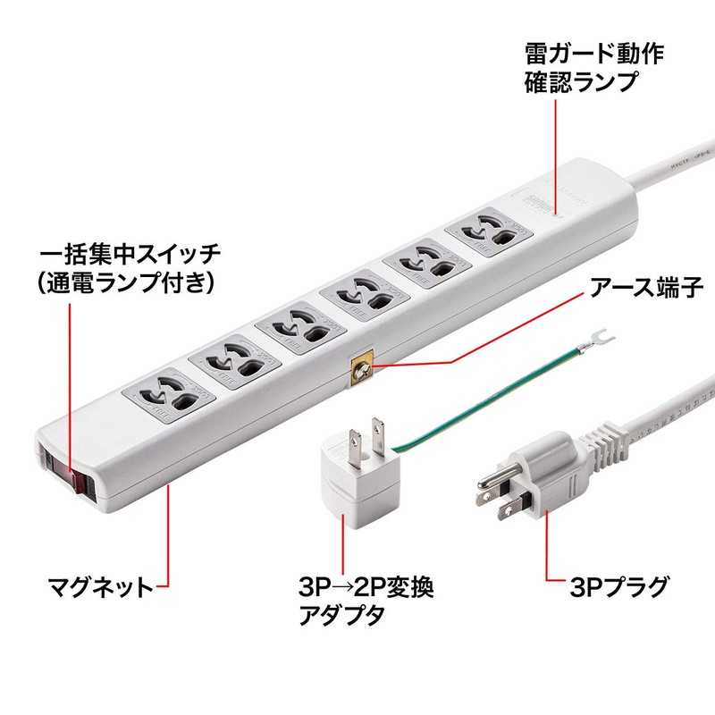 Sanwa Supply TAP-SP36MG-3 Lightning Guard Tap, 3P, 6 Counts, 9.8