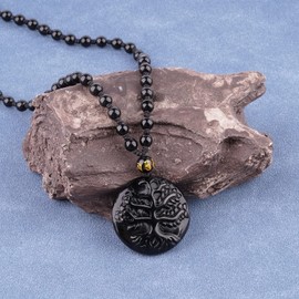 VIKCAUX Black Obsidian Necklace Tree of Life Talisman Pendant with Adjustable Bead Chain Good Luck Amulet Crystal Necklace Jewelry for Men Women