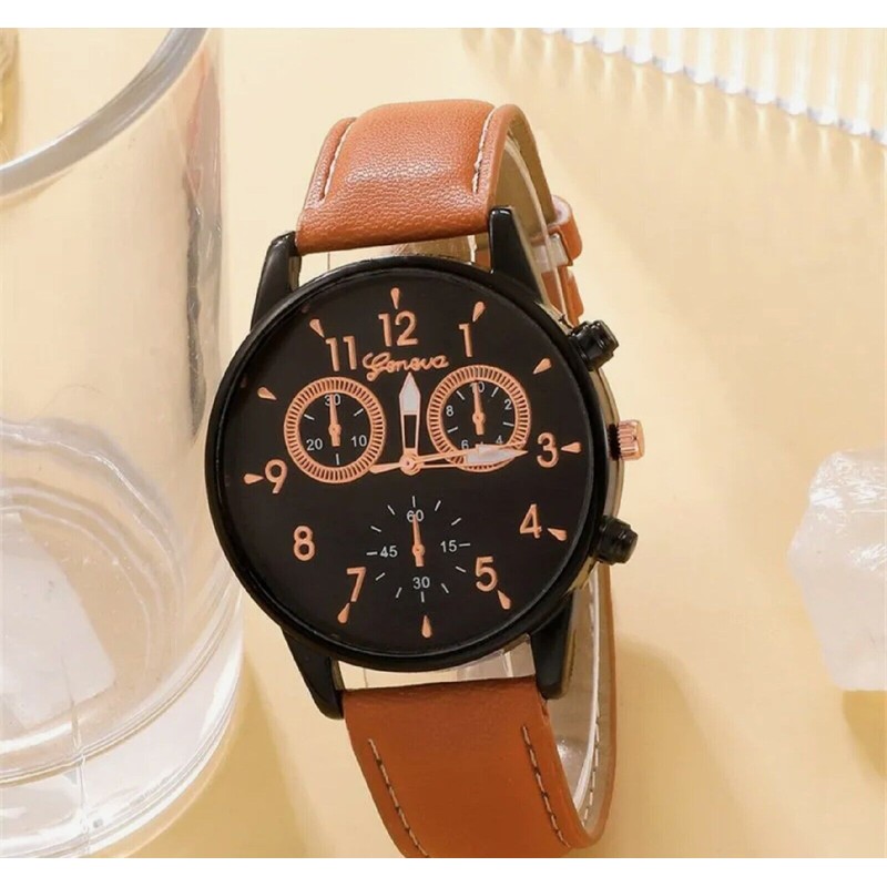 Geneva Luxury watch set for men, fashionable brown leather. Three
