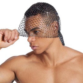 OhMill Rhinestone Headpiece Nightclub Headwrap Sequin Head Scarf fishnet headband Crystal Skull Cap Veil Cap 140cm