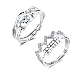 Estrellique Silver 925 Fidget Rings for Anxiety Person, Unisex Open Adjustable Anti-stress-ring, 2PCS Decompression Ring Set, 925 Sterling Silver Anxiety Rings, Hypoallergenic Spinning Ring with Beads