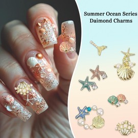 16Pcs Summer Beach Nail Charms Ocean Series Nail Rhinestones Shell Starfish Mermaid with Pearl Rhinestones Designs Glitter Nail Diamond Supplies Alloy Nail Jewels for Women Girls Acrylic Manicure